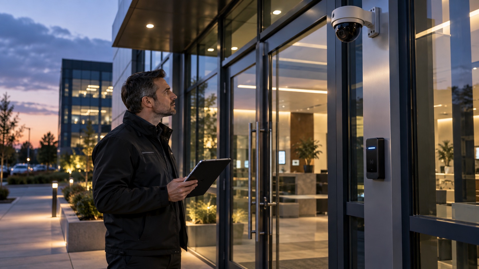 A security consultant with a tablet assessing the camera and card reader at a building entrance at dusk